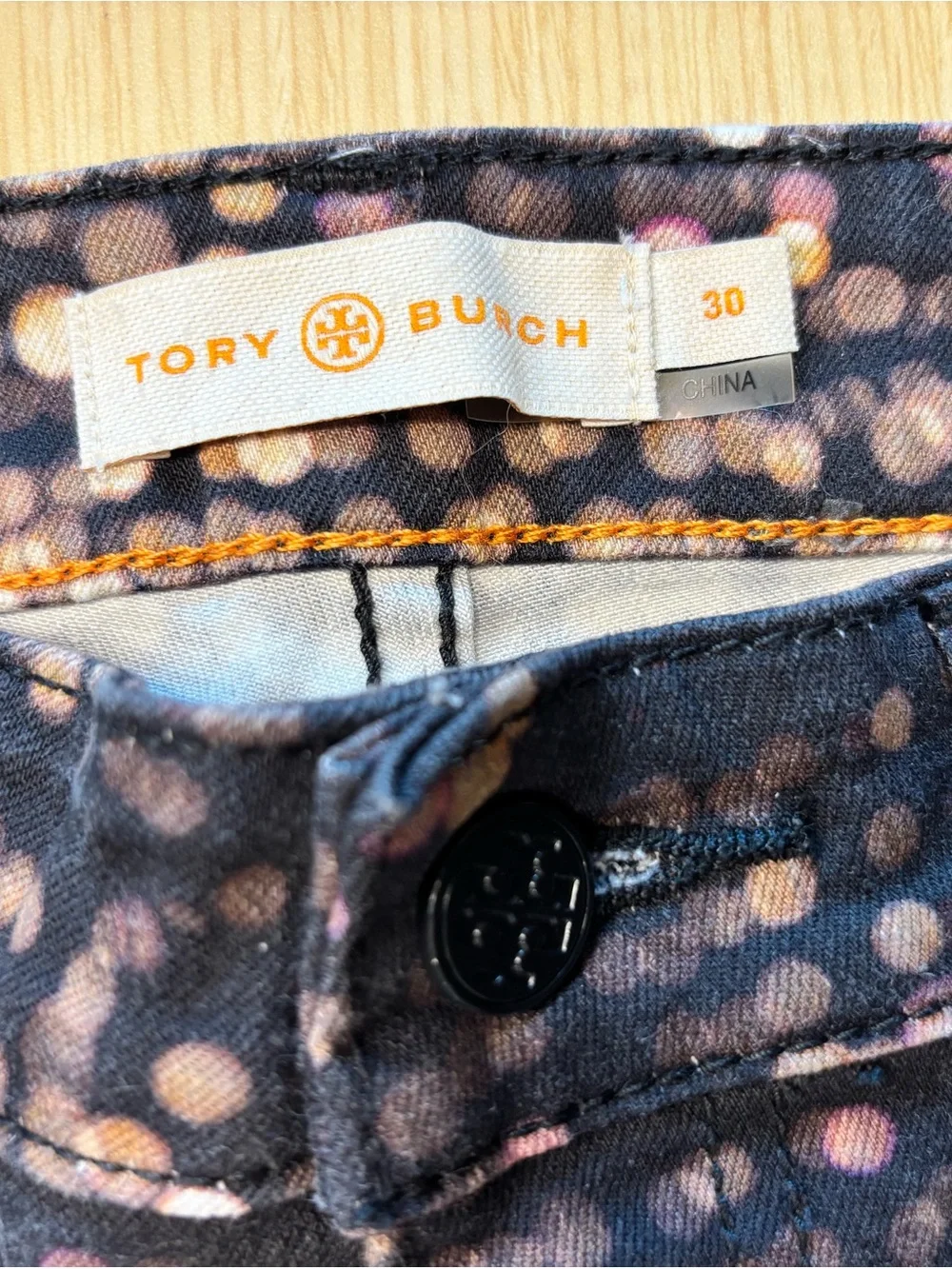 Tory Burch Night City Light Printed Skinny Jeans Black Gold Blurred Bokeh Dot 30